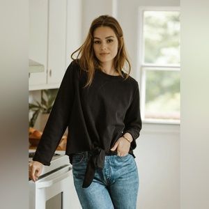 French Terry Sweater with Tie Front Detail - Black - Size L - Jackson Rowe